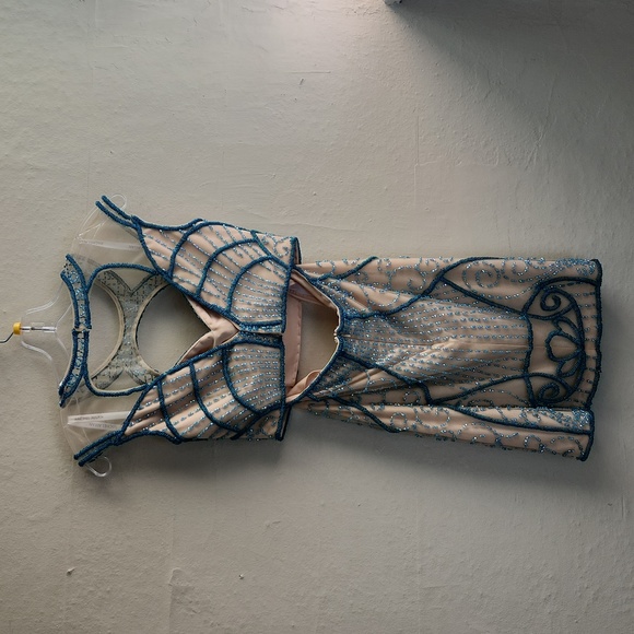 Size 6 turquoise and nude two piece home coming dress cocktail by Rachel Allan - Picture 8 of 15